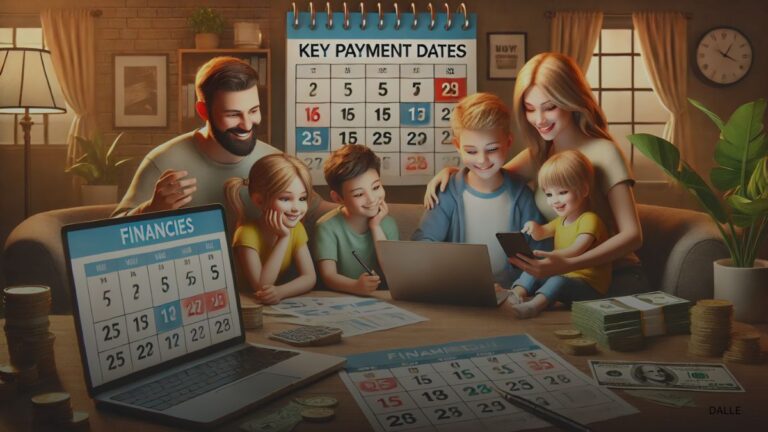 Happy family checking finances on a laptop with a calendar showing payment dates in the background.