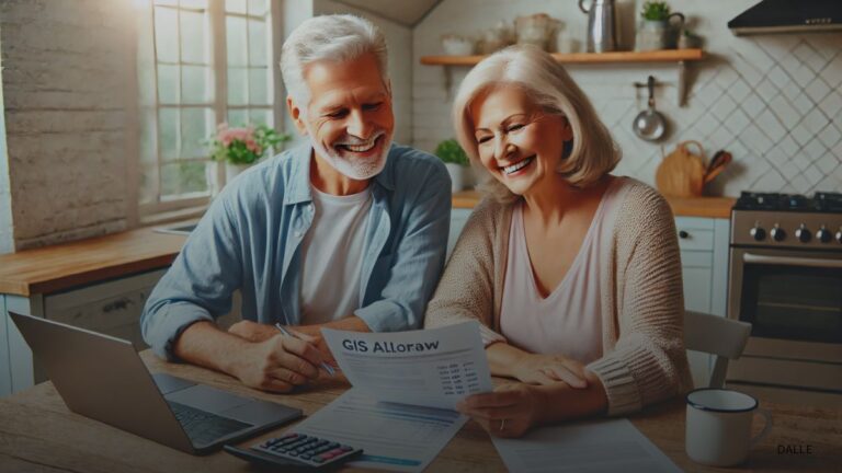 Senior couple reviewing GIS Allowance application at kitchen table.