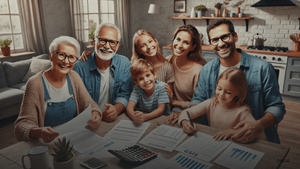 Happy multi-generational family discussing finances at home with GSIS  Survivorship Pension logo in the background.