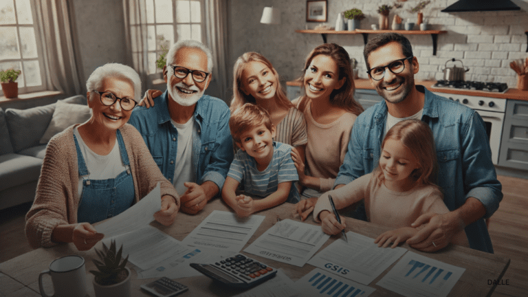 Happy multi-generational family discussing finances at home with GSIS Survivorship Pension logo in the background.