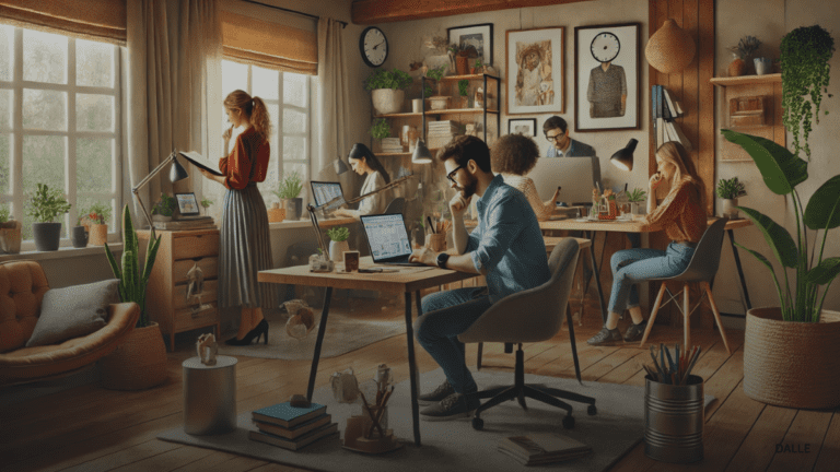 Home office setup with diverse individuals working from home in various activities, well-lit with natural light and personal touches.