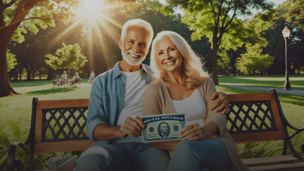 Happy retired couple enjoying a sunny day in a park, symbolizing financial security and benefits of Social Security.

