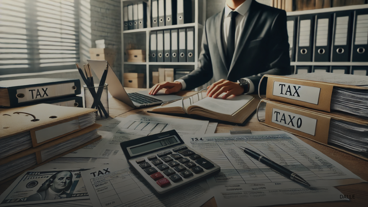 Professional office desk with financial documents, tax forms, laptop, calendar, and a person reviewing papers.