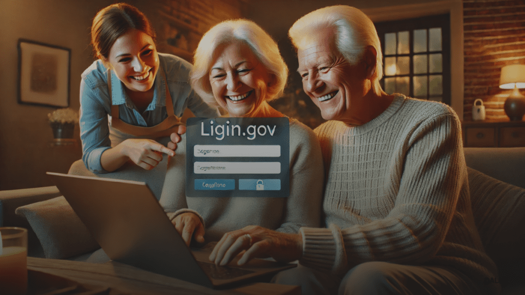 Senior couple using Login.gov on laptop with support.