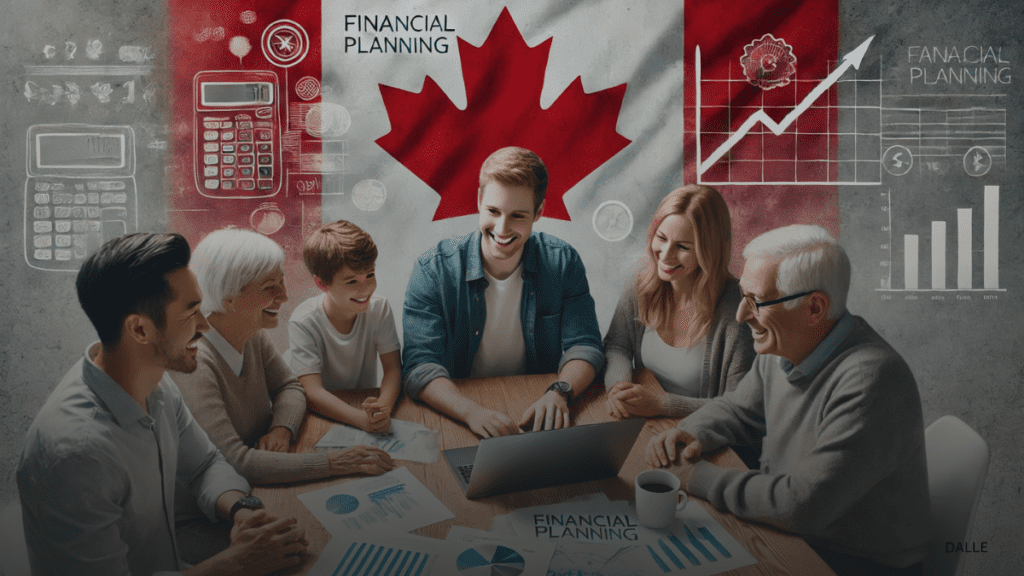 Diverse group of Canadians discussing financial planning at a table.