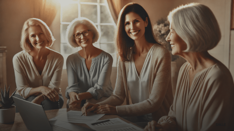 Diverse group of mature women discussing financial documents in a warm home setting.