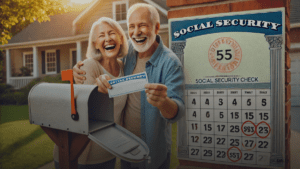 Senior couple checking mailbox for Social Security check with calendar highlighting payment dates.