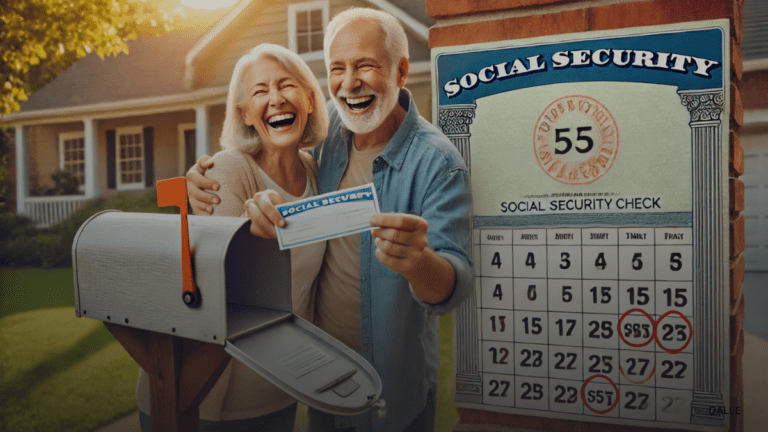 Senior couple checking mailbox for Social Security check with calendar highlighting payment dates.