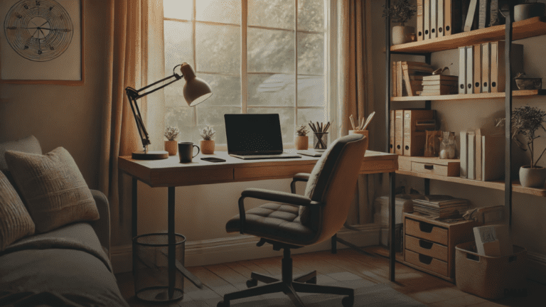 Cozy home office setup with a laptop, coffee mug, and plants.