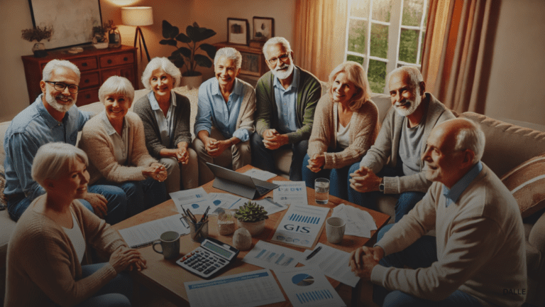 Canadian seniors discussing financial strategies at a table to maximize GIS benefits in 2024.