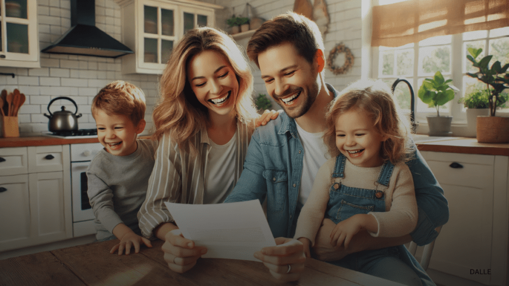 Happy family of four at kitchen table reviewing a letter.