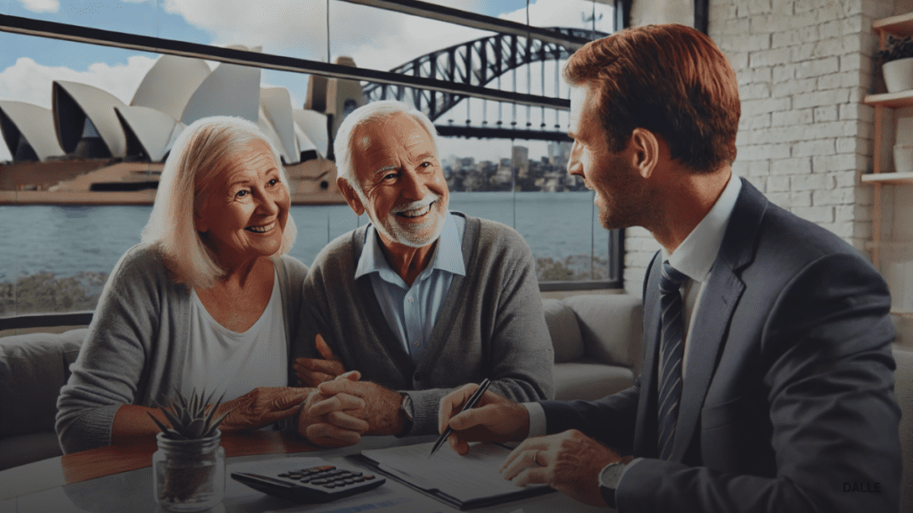 Happy elderly couple reviewing finances with financial advisor in Australian office.