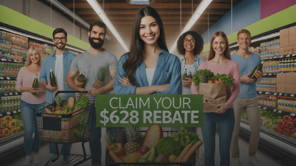 Diverse group holding grocery bags in store, promoting $628 grocery rebate savings.