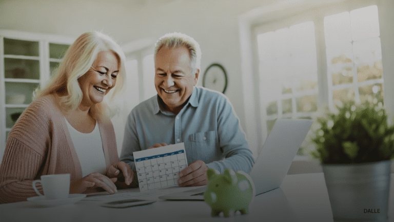 Happy senior couple reviewing financial documents at home.