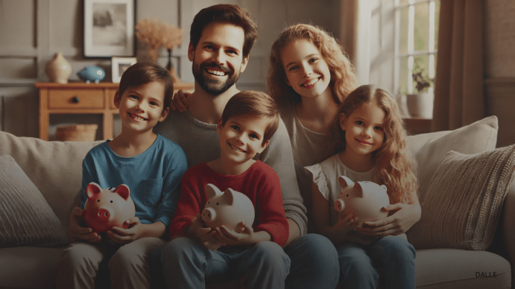 Happy family in a cozy living room with children holding piggy banks, highlighting financial support benefits.