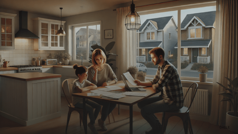 Family discussing rent payments at a kitchen table with Vancouver neighborhood in background.