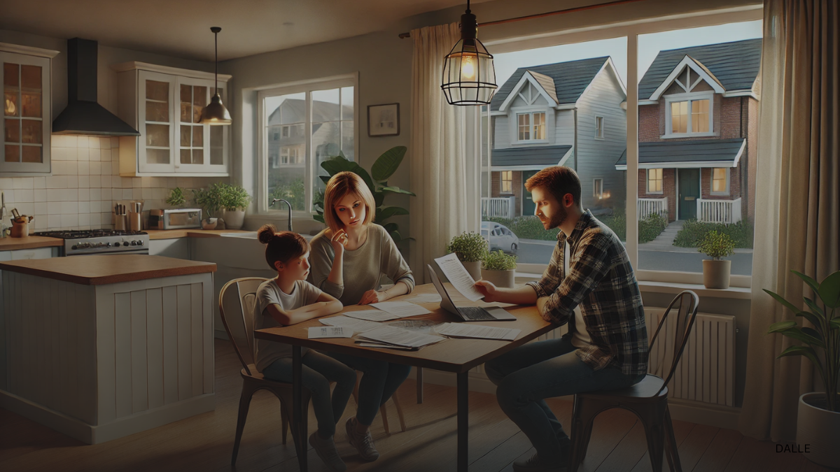 Family discussing rent payments at a kitchen table with Vancouver neighborhood in background.