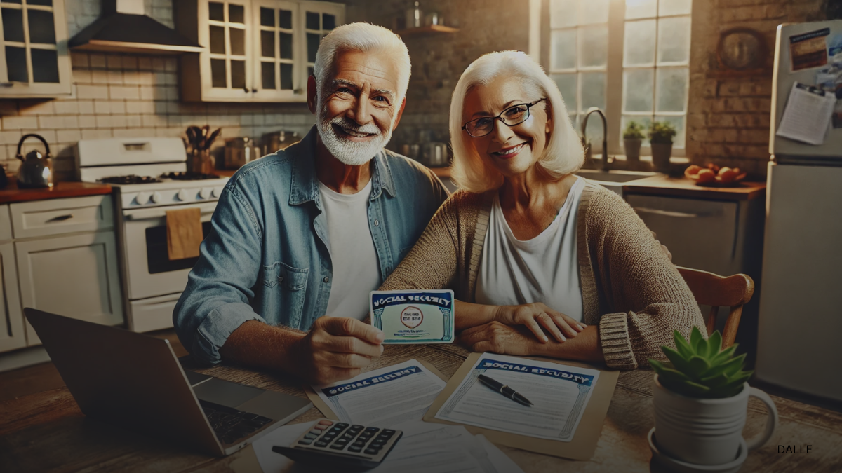 Senior couple smiling while holding social security cards and reviewing benefits paperwork at a kitchen table.