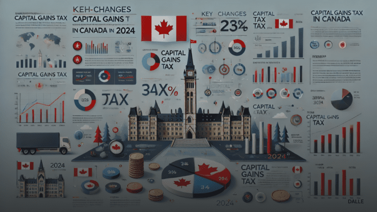 Infographic showing key changes to Canadian capital gains tax for 2024 with charts and Canadian landmarks.