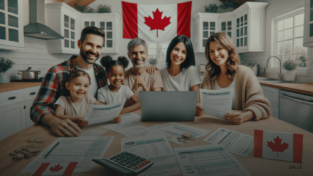 Canadian family reviewing financial documents with a laptop displaying a government website.