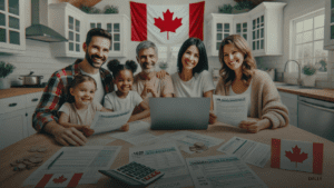 Happy Canadian couple checking their phone, celebrating GST/HST credit deposit, symbolizing financial relief and government benefits.
