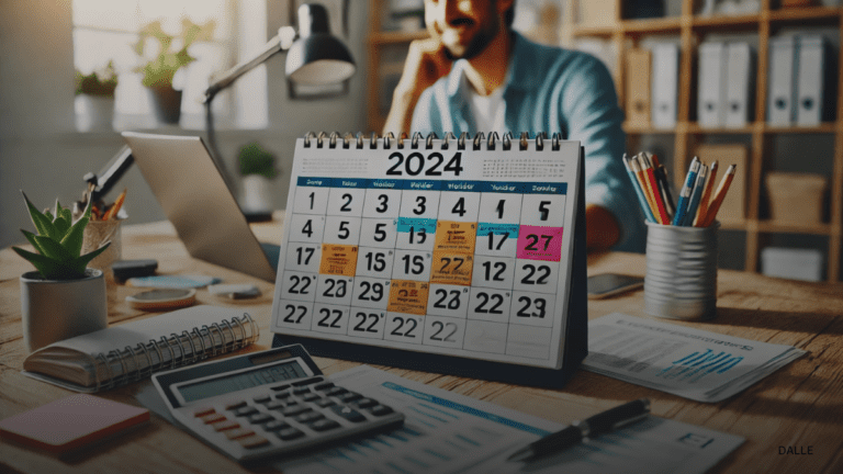 2024 calendar with highlighted EI payment dates on a desk with financial documents and a person checking online.