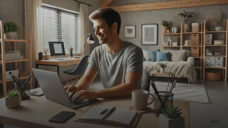 Person happily working from home on a laptop at a modern home office setup to earn extra money.