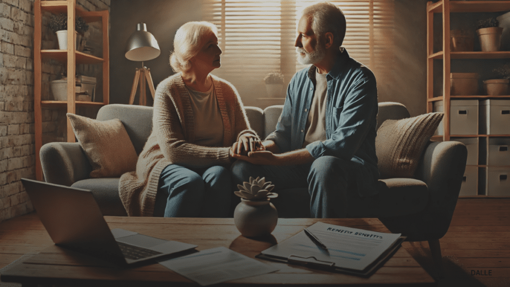 Elderly couple holding hands in a cozy living room with financial documents and a laptop on the table.