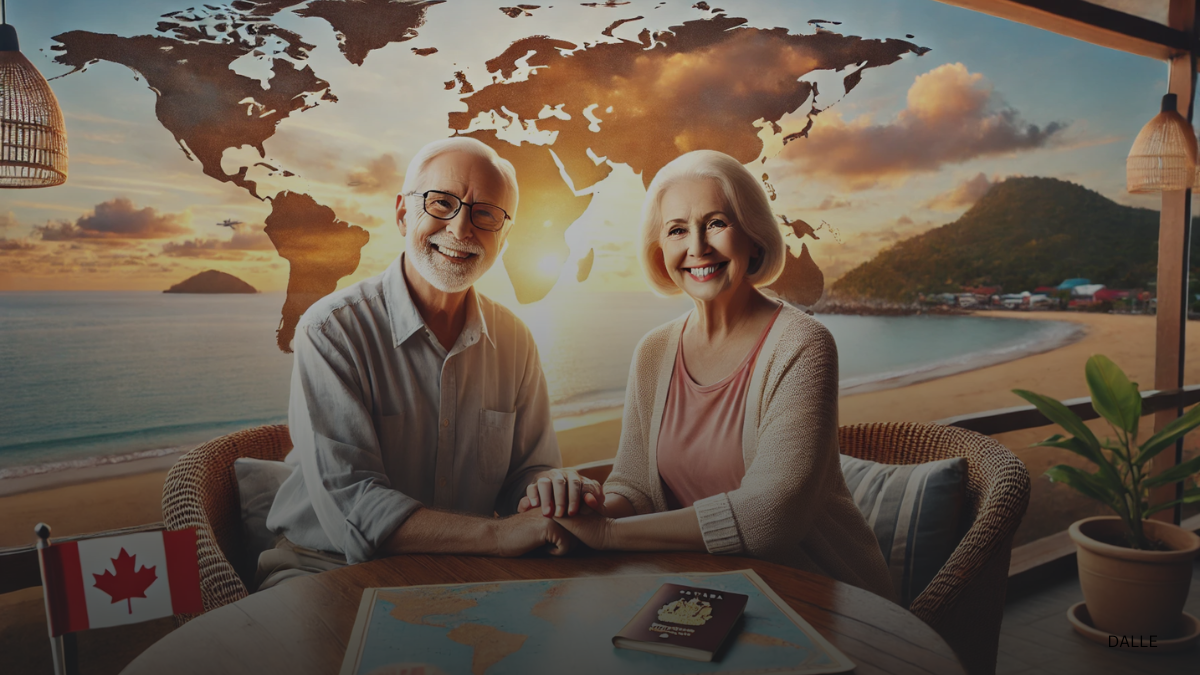 Elderly couple enjoying retirement at a beachside café with travel documents.