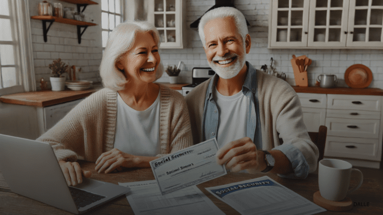 Cheerful senior couple holding a Social Security check at a kitchen table with financial documents.