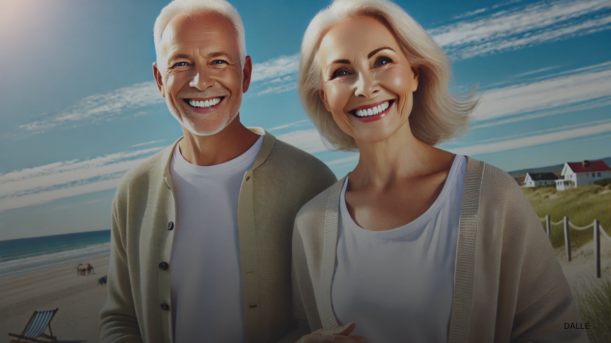 Happy senior couple walking on the beach enjoying retirement