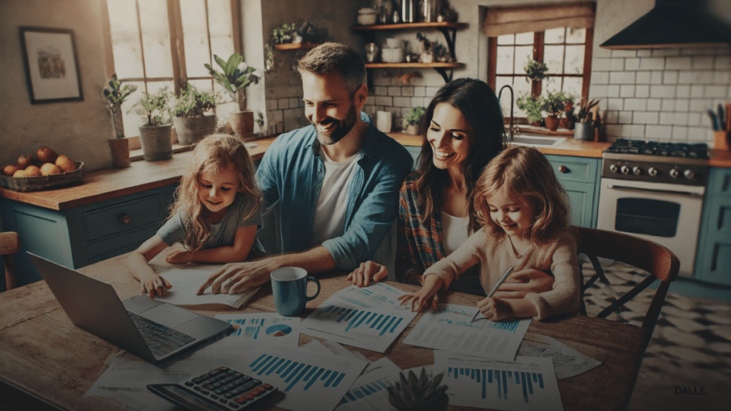 Family reviewing financial documents at kitchen table with laptop showing financial charts