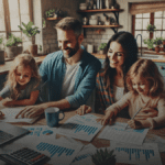 Family reviewing financial documents at kitchen table with laptop showing financial charts