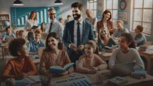 Diverse group of teachers with students in a modern classroom, holding books, laptops, and financial documents.