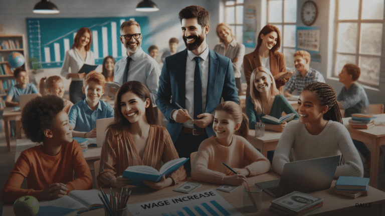 Diverse group of teachers with students in a modern classroom, holding books, laptops, and financial documents.