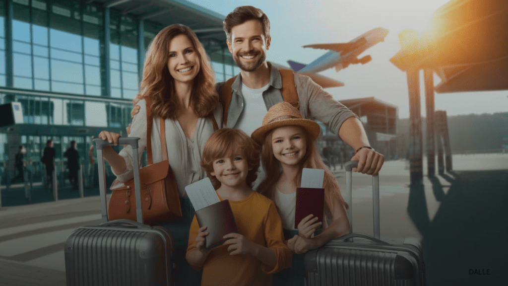 Happy family at airport with suitcases, passports, and boarding passes.