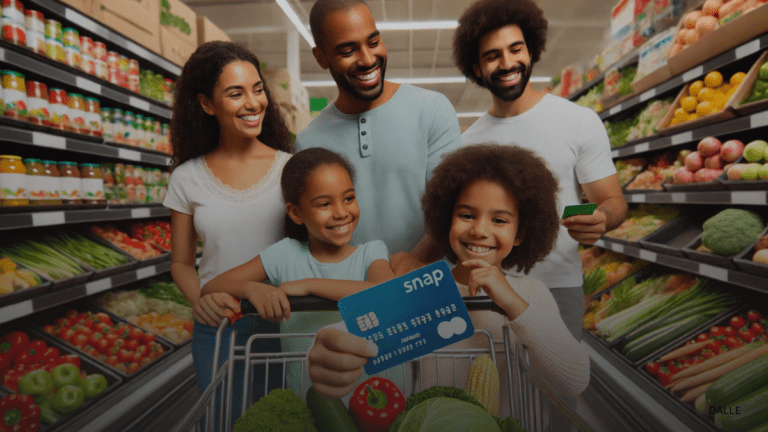 Happy family shopping for groceries with SNAP benefits.