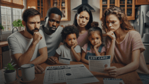 Concerned family reviewing SNAP payment notice with EBT card and August calendar dates highlighted.
